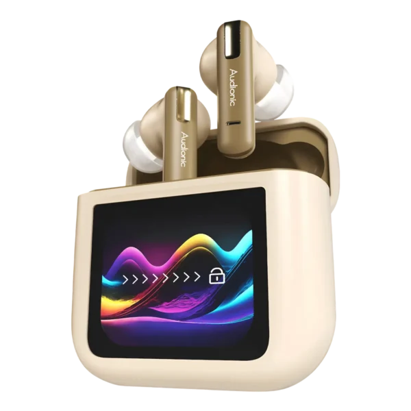 Trance 810 earbuds paired with their charging case