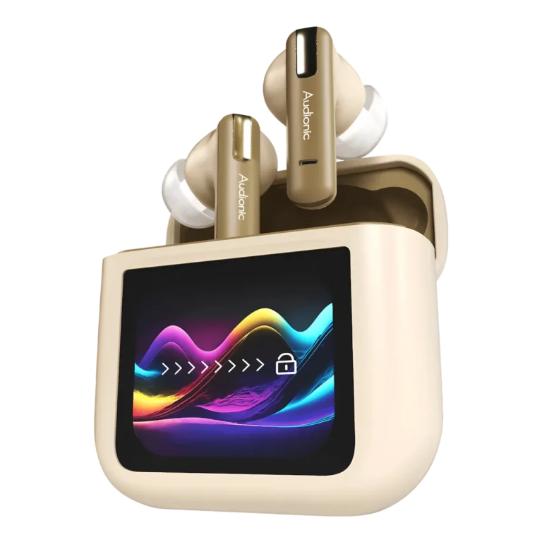 Trance 810 earbuds paired with their charging case