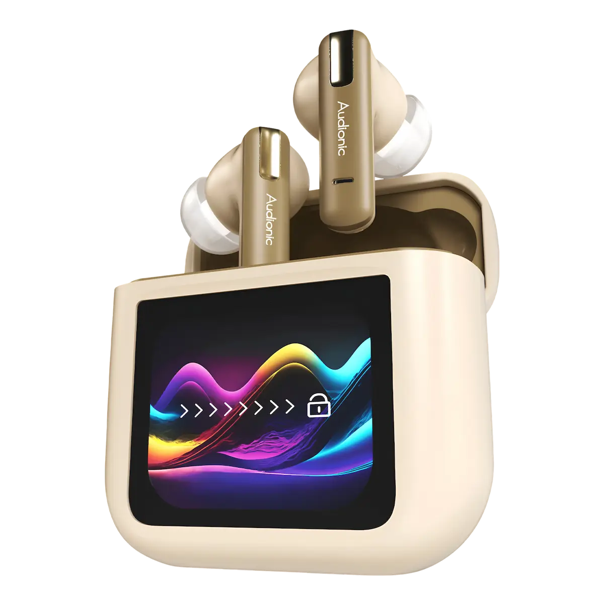 Audionic-Trance-810-Display-Airbuds-gold Trance 810 earbuds paired with their charging case