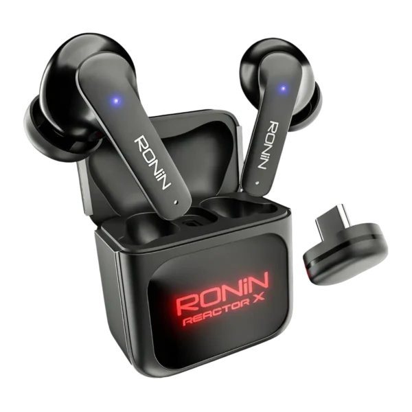 Open charging case displaying the Ronin Reactor X R-7095 earbuds