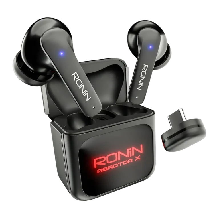 Open charging case displaying the Ronin Reactor X R-7095 earbuds