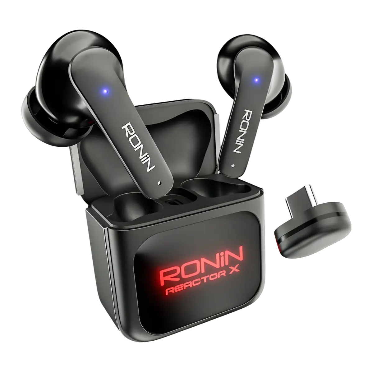 Ronin-Reactor-X-Earbuds Open charging case displaying the Ronin Reactor X R-7095 earbuds