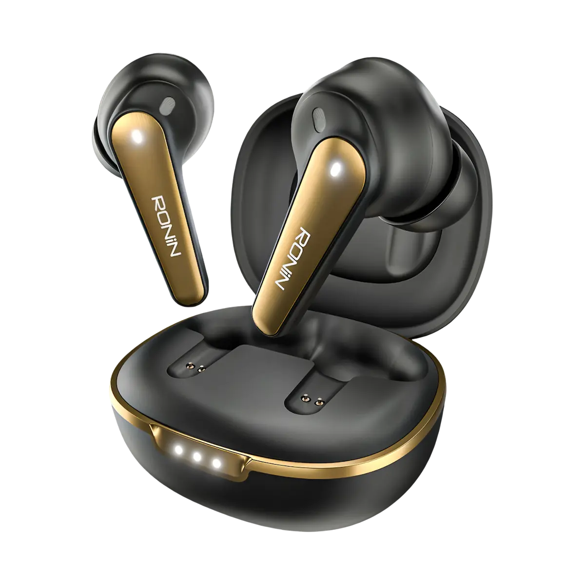 Ronin-Eclipse-Ai-ENC-ANC-Earbuds- The complete Eclipse R-7065 set, case and earbuds together