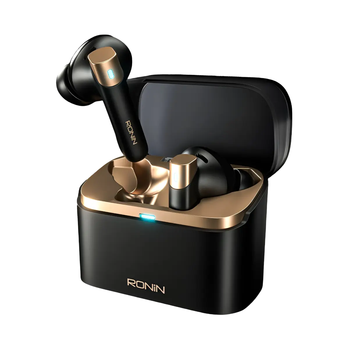 Ronin-Glacier-Hasan-Raheems-Earbuds Ronin Glacier R-7110 shown together with its charging case