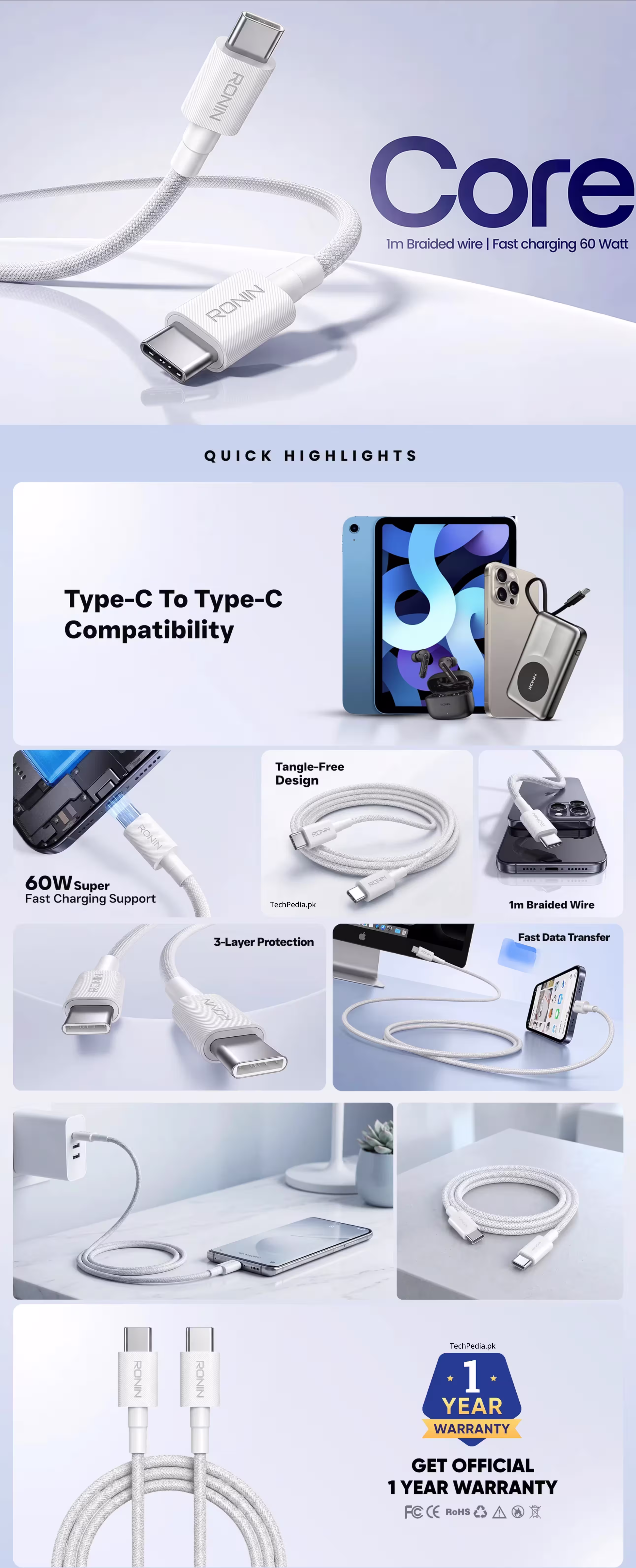 Ronin R-2040 Core 60W 1M Type-C to Type-C Fast Charging Cable Infographic