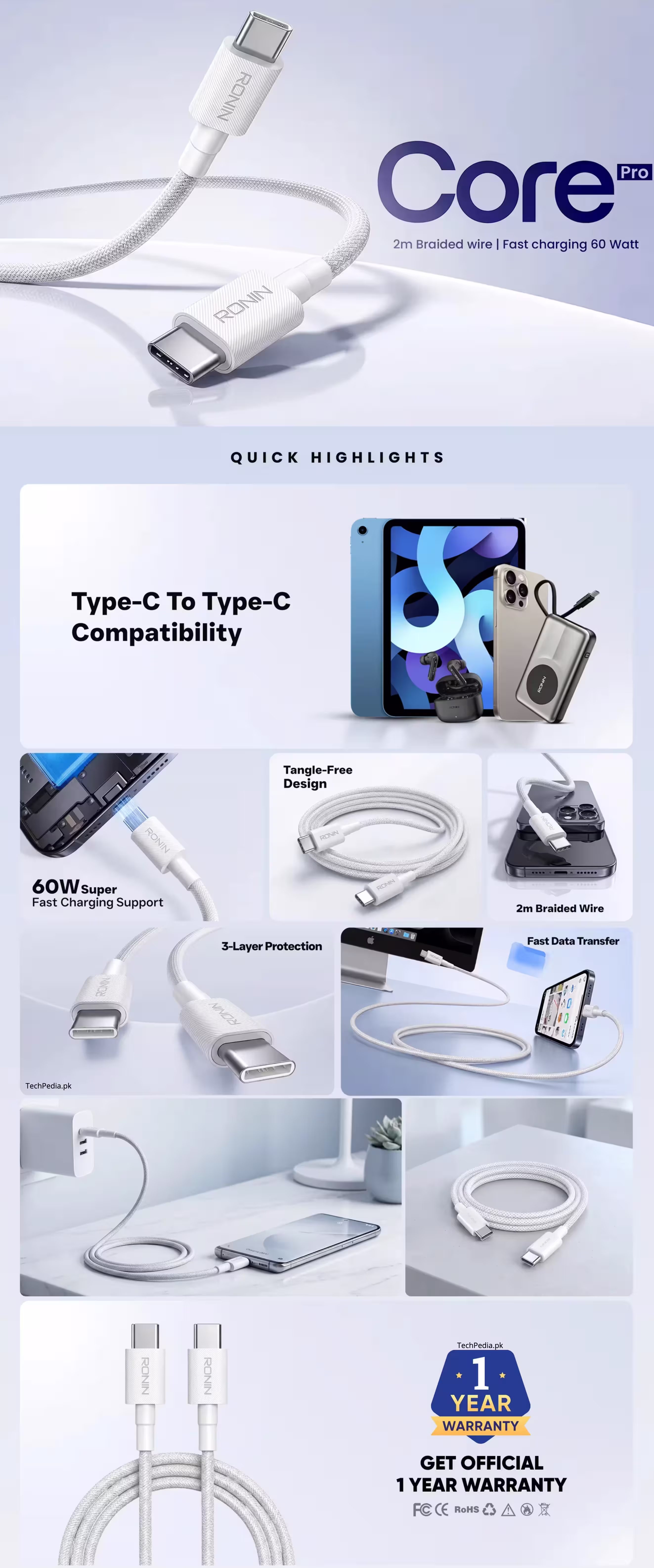 Ronin R-2090 Core Pro Type-C 2 C Fast Charging Cable Infographic