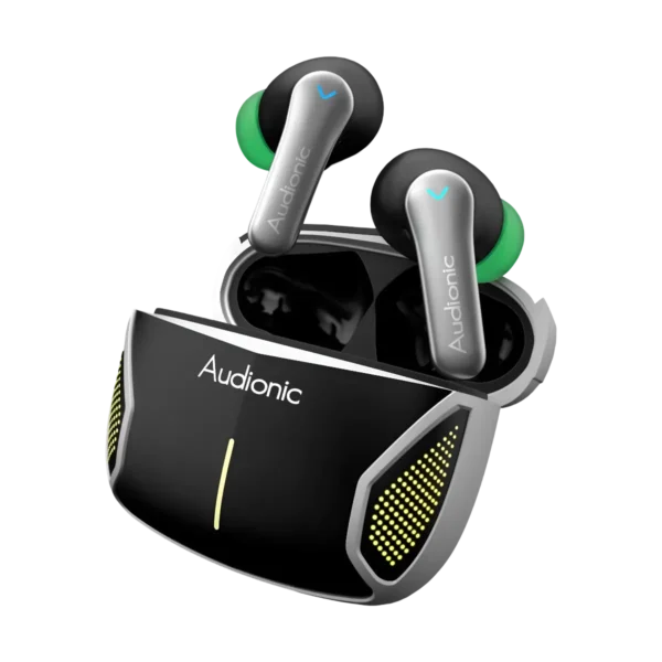 Close view of the battlebuds Prime case and buds