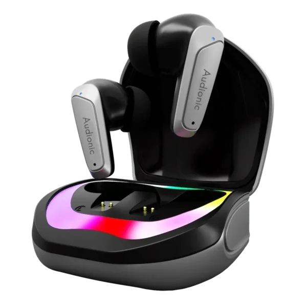 Audionic Battlebuds Pro Gaming Earbuds shown with their charging case