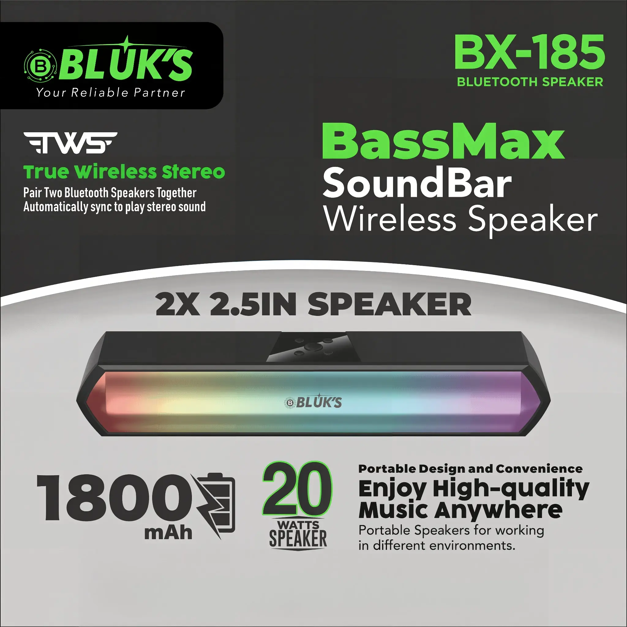 BLUK’S BX-185 BassMax SoundBar Infographic