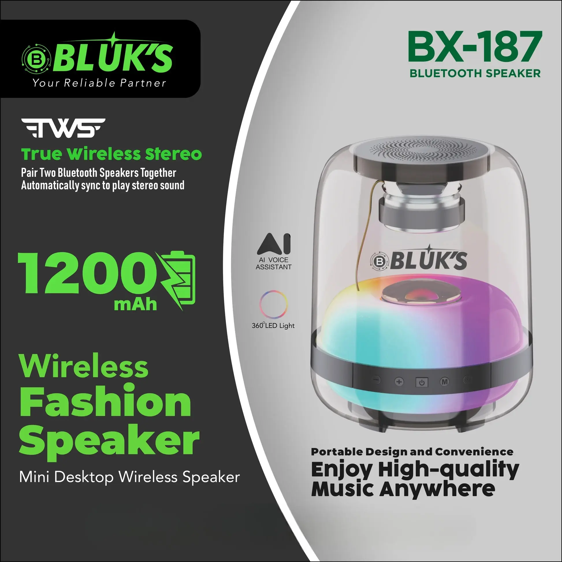 Bluks BBX-187 Transparent Bluetooth Speaker Infographic