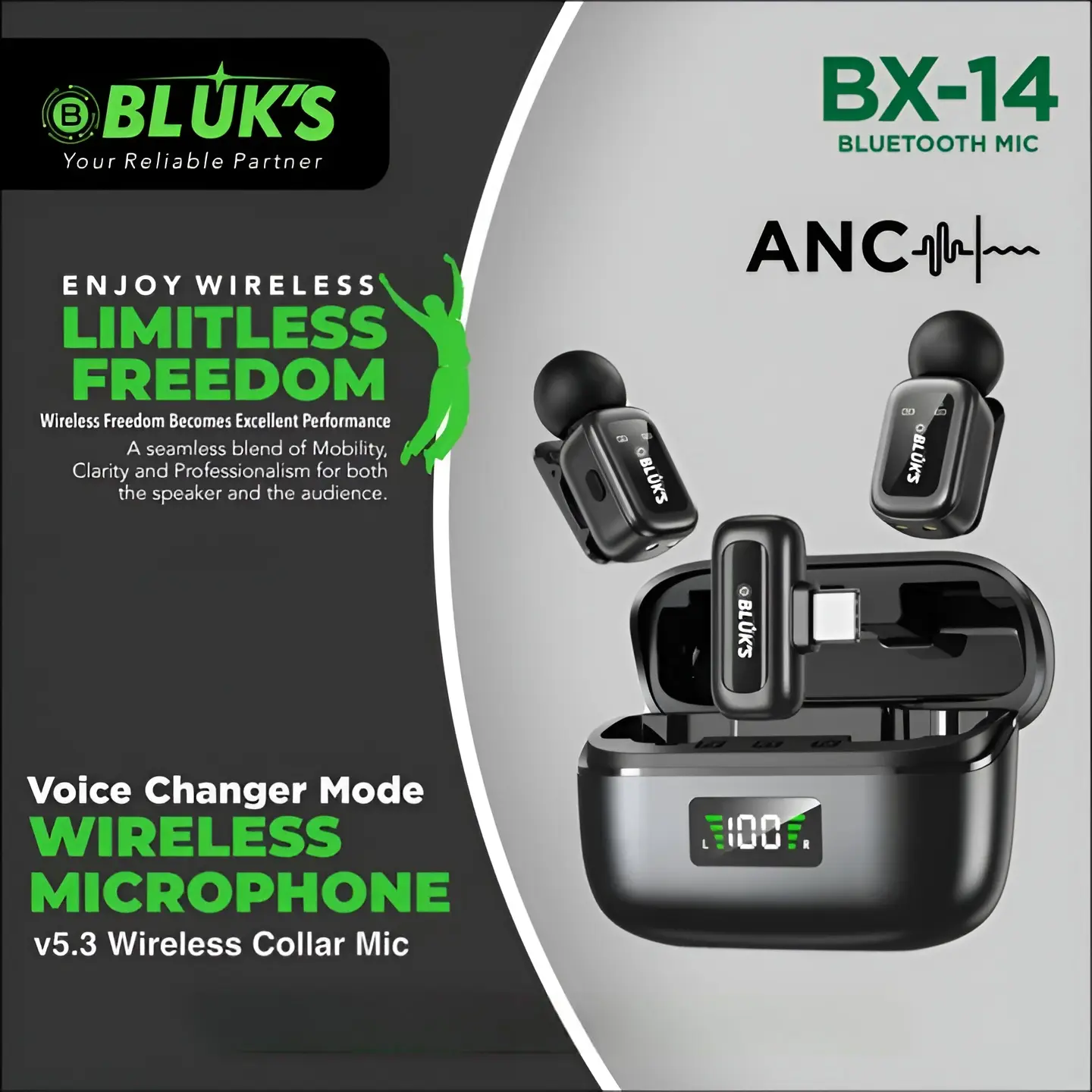 Bluks BX-14 Wireless ANC Microphone Infographic