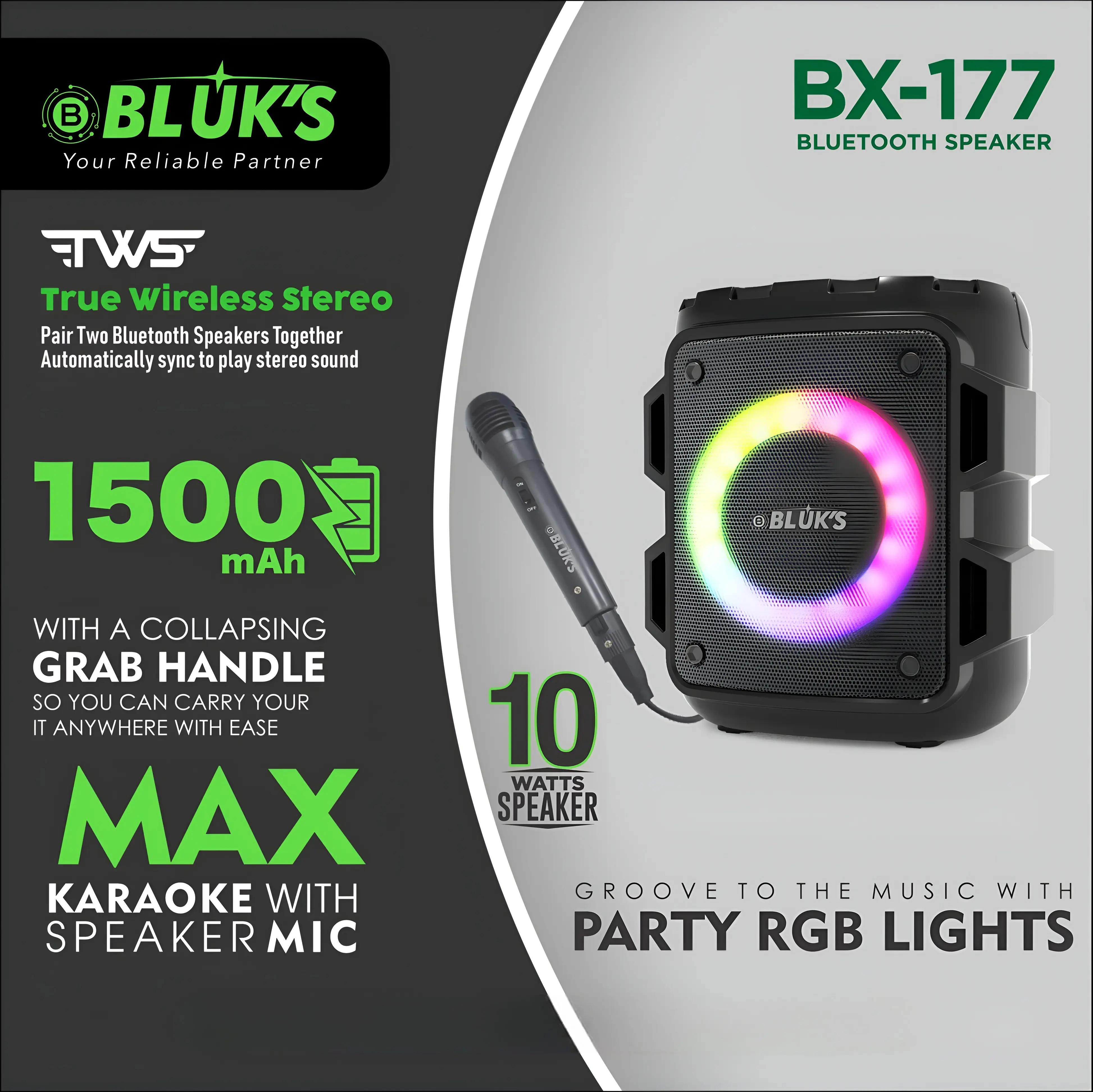 Bluks BX-177 Max Karaoke Bluetooth Speaker with Detachable Mic