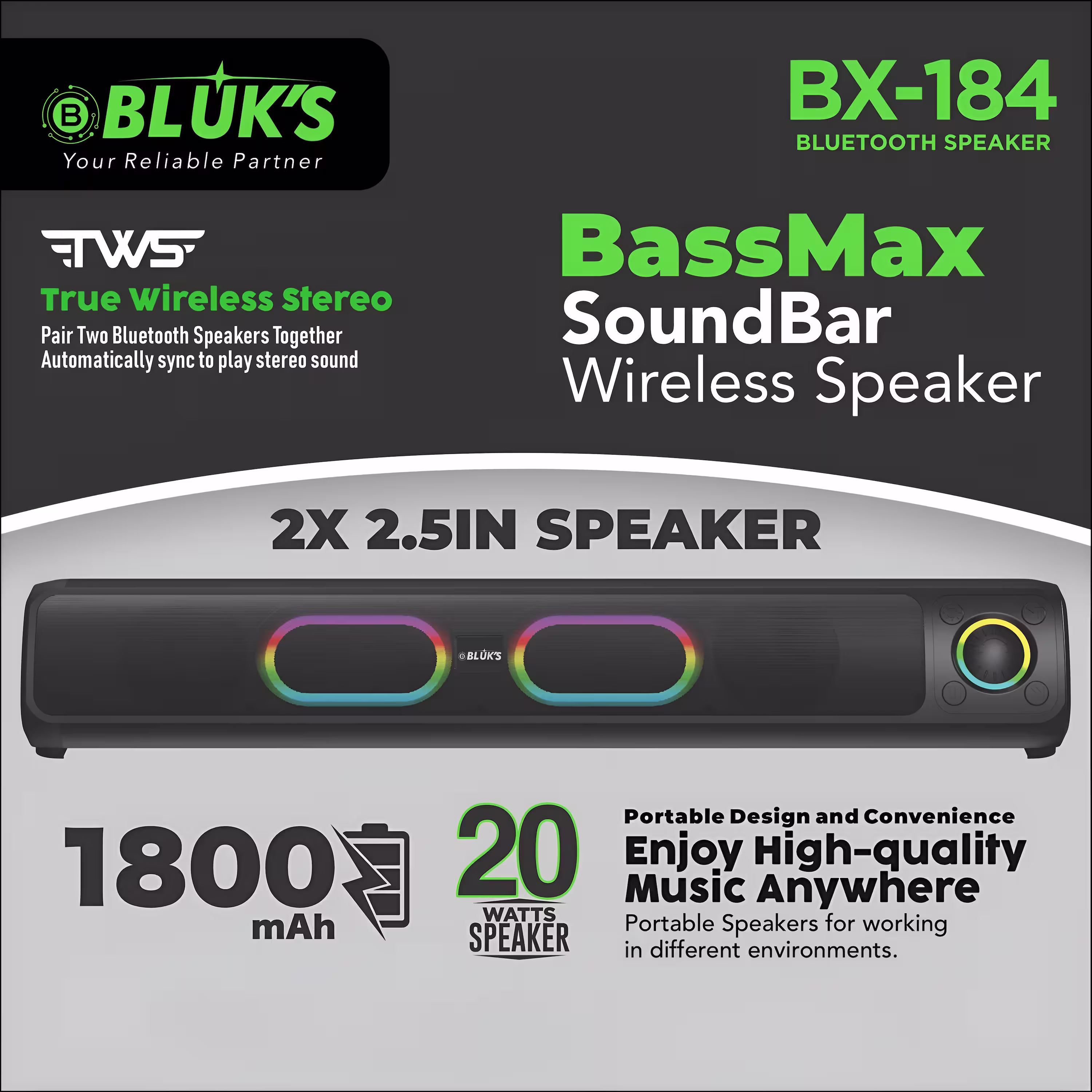 Bluks BX-184 BassMax SoundBar Speaker 20W Dual Driver