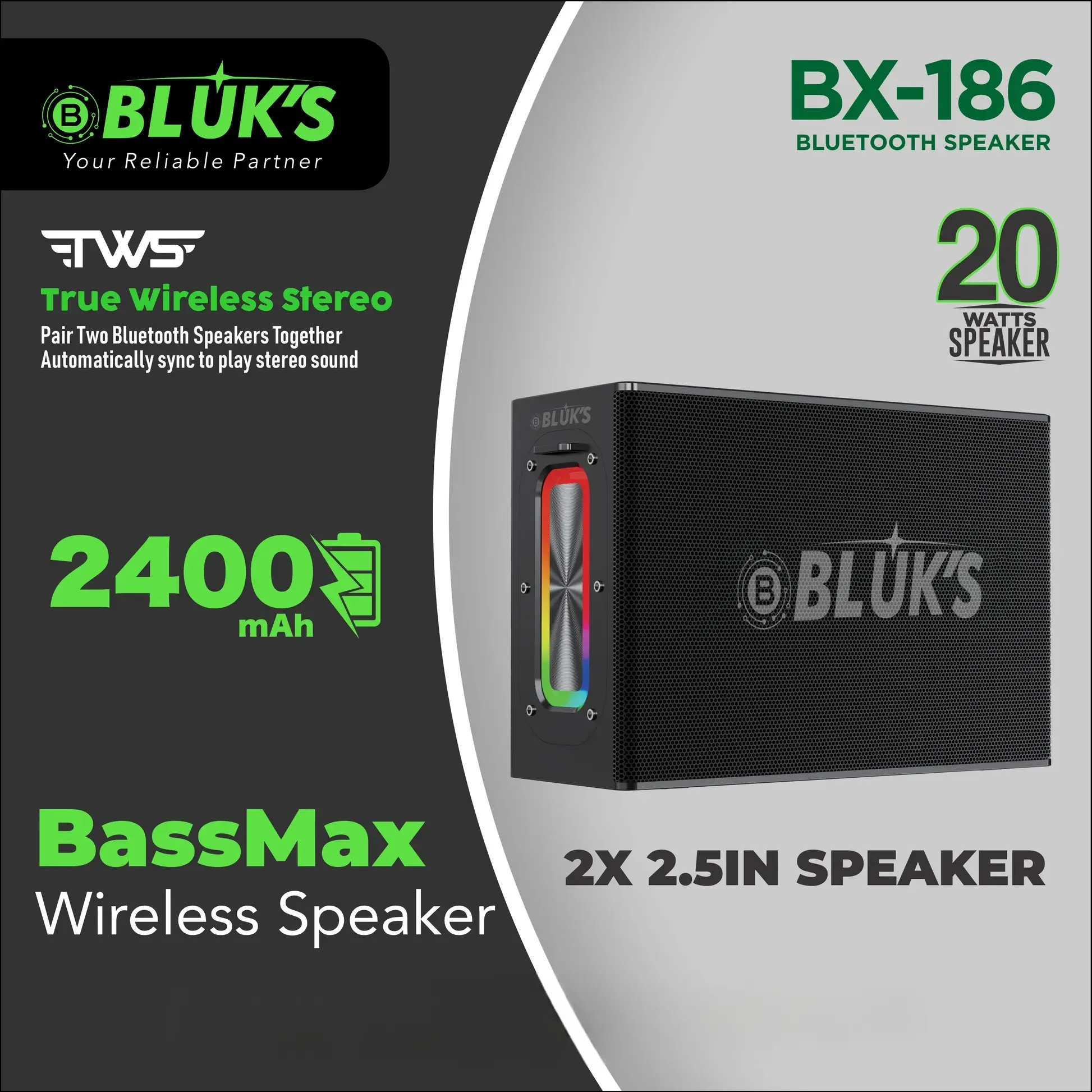 Bluks BX-186 BassMax Portable Speaker Infographic