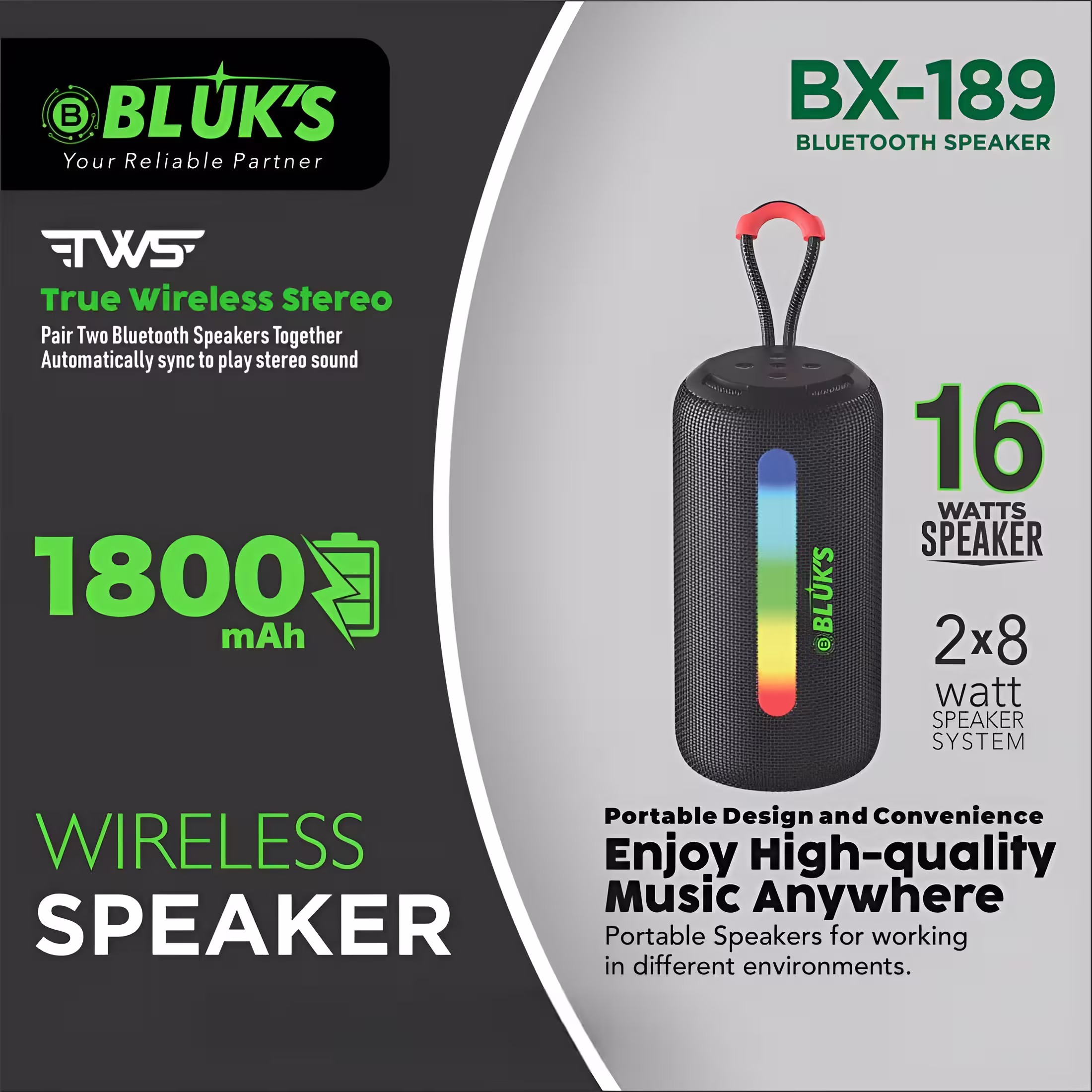 Bluks BX-189 BassMax Wireless Speaker Infographic