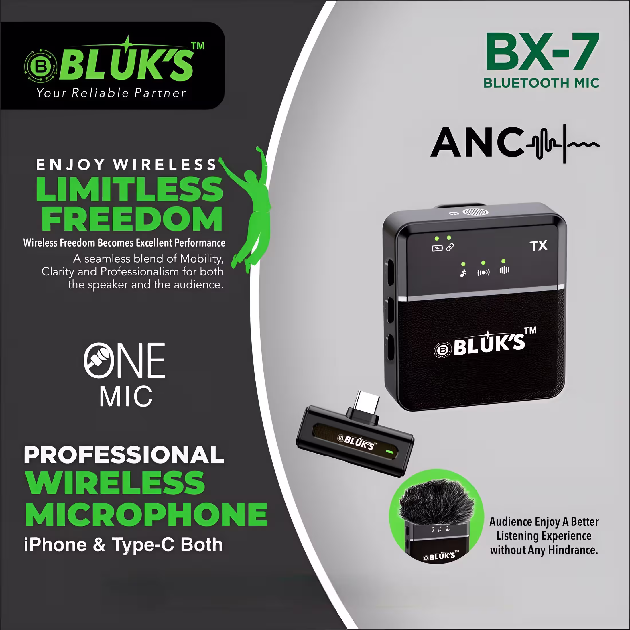 Bluks BX-7 Single Mic ANC and ENC Wireless Microphone