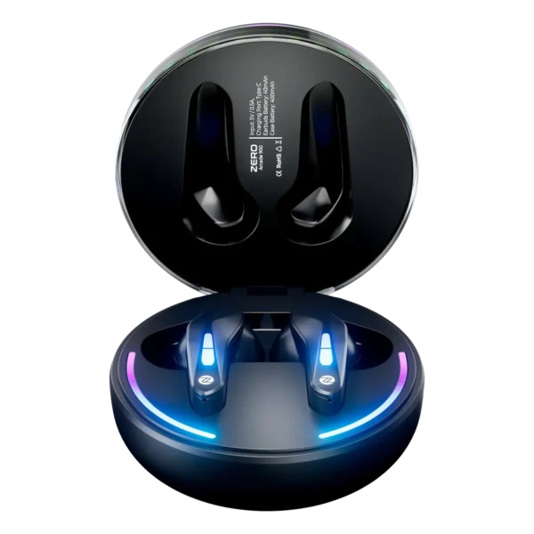 Zero Arcade 900 Gaming Earbuds shown in their RGB charging case