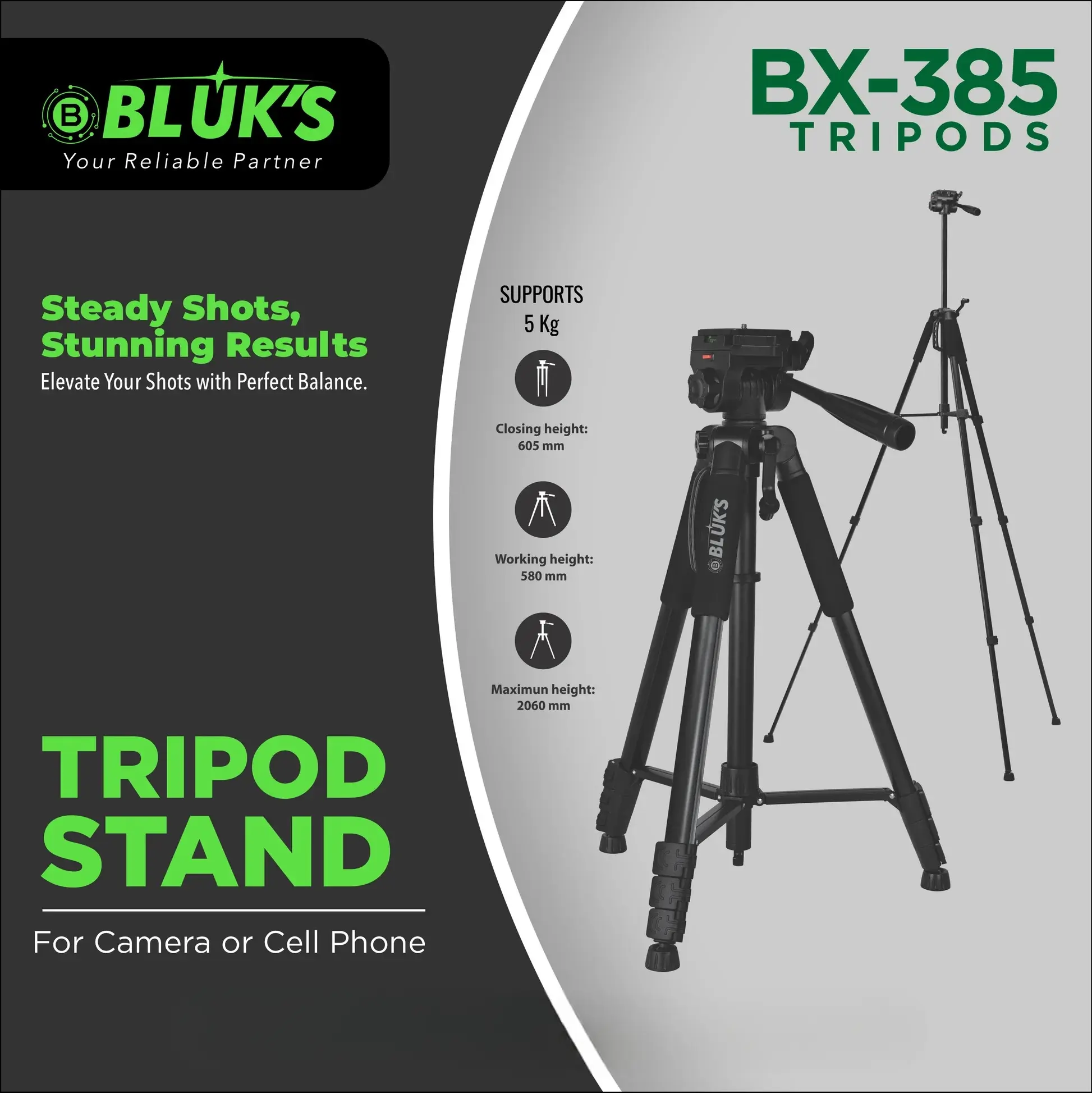 BLUKS BX-385 Tripod Stand Infographic