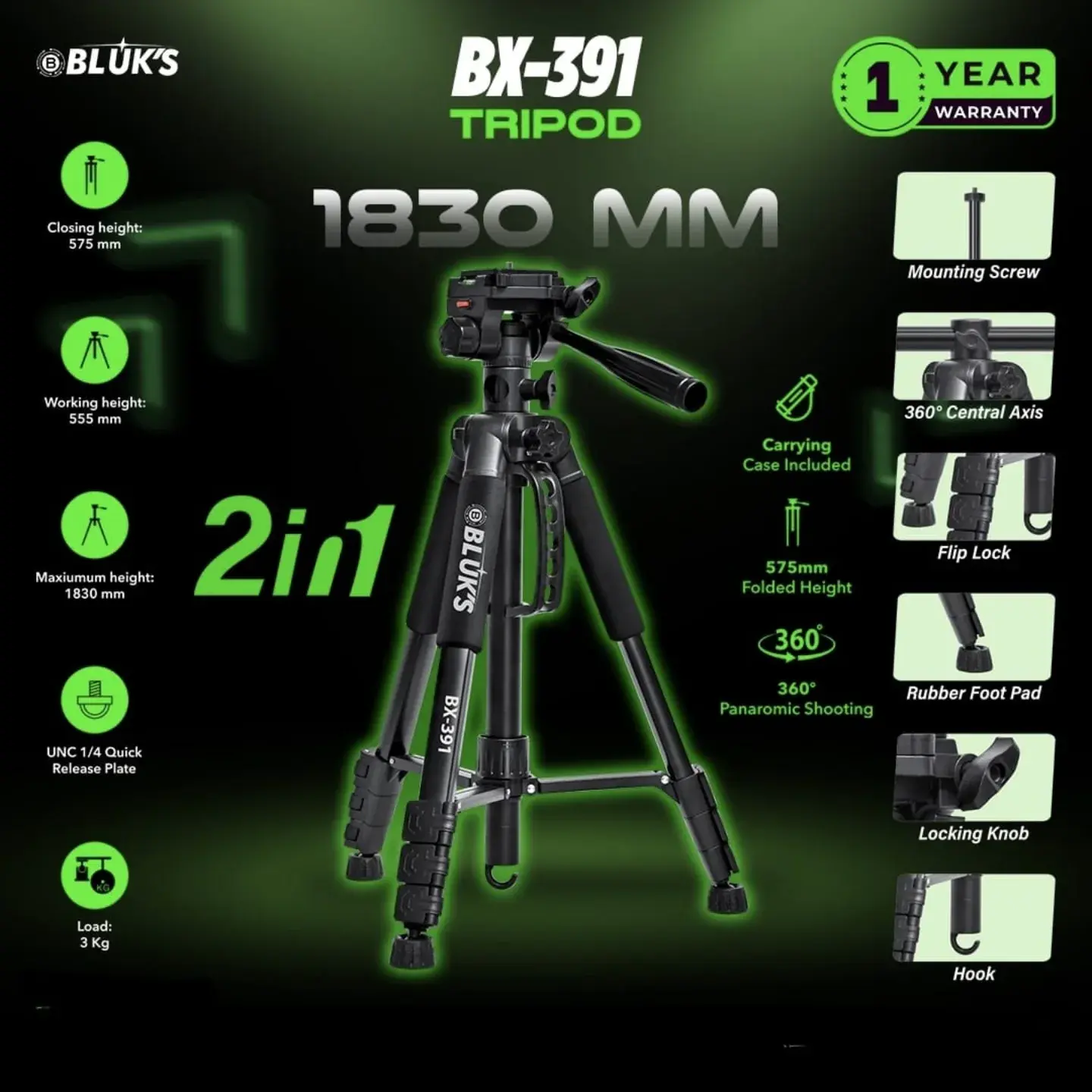 BLUKS BX-391 Camera Tripod Infographic