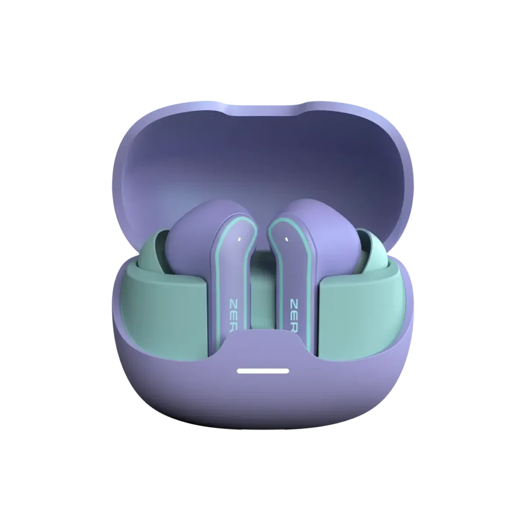 Zero Wave Neo Earbuds in Purple and Mint Green with Open Charging Case