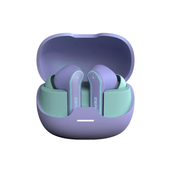 Zero Wave Neo Earbuds in Purple and Mint Green with Open Charging Case